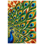 Original white-background artwork of a blue peacock beneath a fan of stained glass feathers