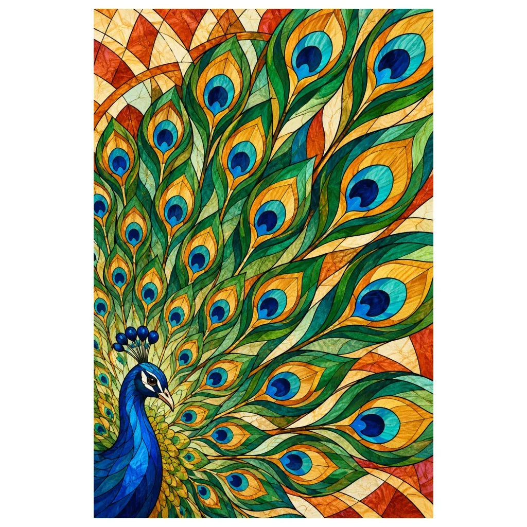 Original white-background artwork of a blue peacock beneath a fan of stained glass feathers