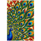 Finished white-background diamond painting of a peacock feather fan in stained glass style