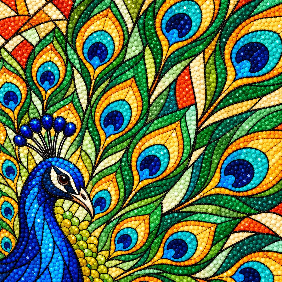 Close-up of drills on the peacock's emerald, amber, and blue feather eyes