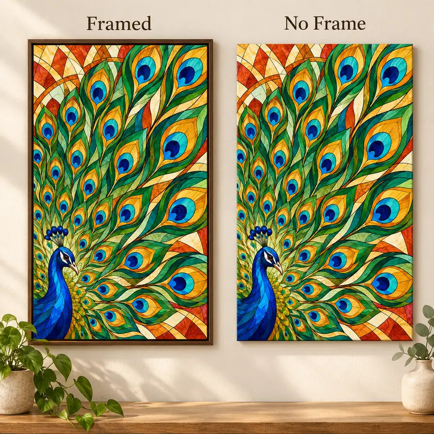 Framed and no-frame options for the stained glass peacock diamond painting