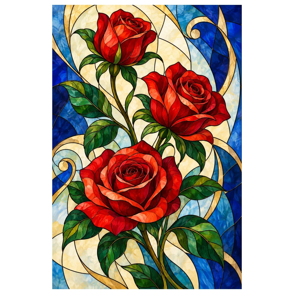 Original white-background artwork of three red roses in a blue and amber stained glass arch