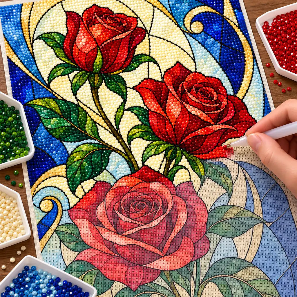 Hands placing drills on the lower rose of the stained glass rose arch design