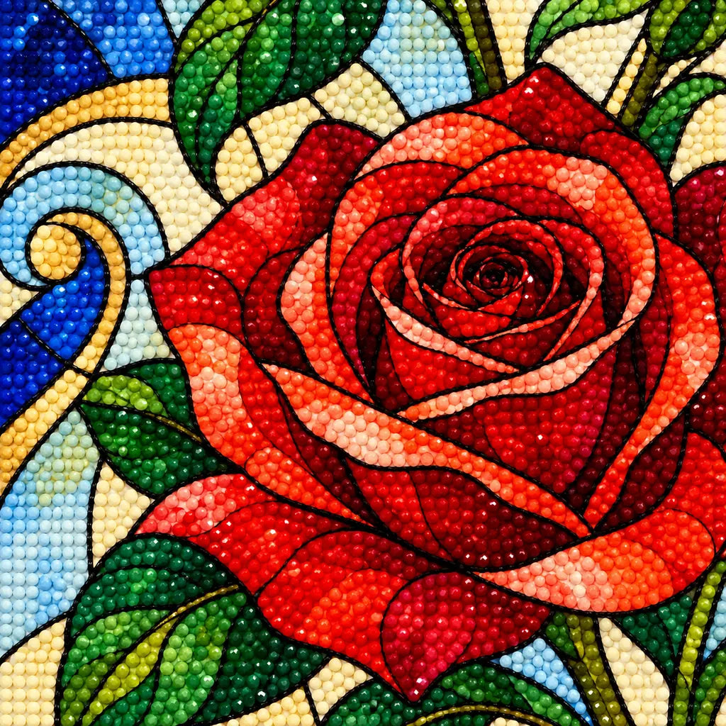 Close-up of drills on red rose petals and blue stained glass panels