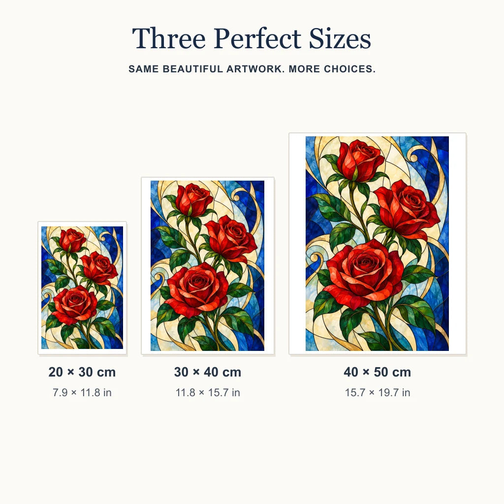 Stained glass rose arch diamond painting shown in 20 by 30, 30 by 40, and 40 by 50 centimeter sizes