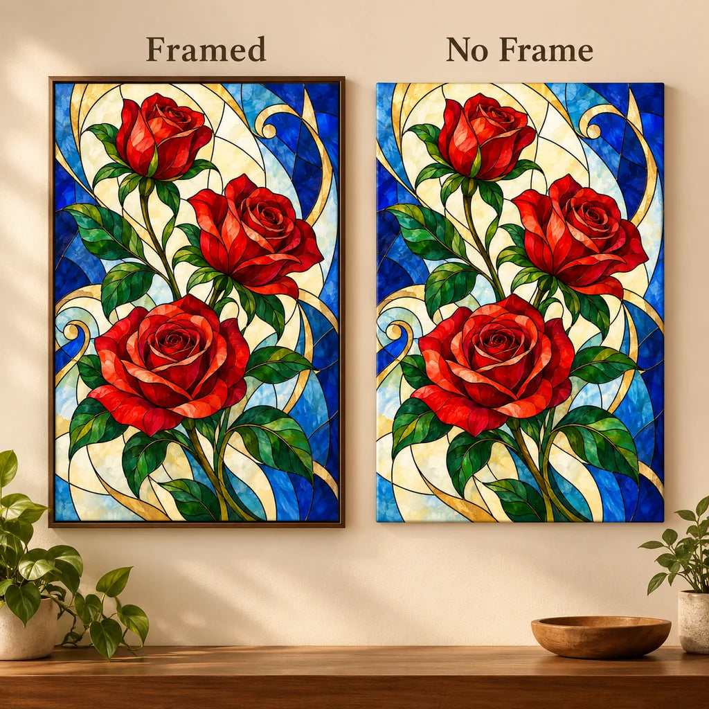 Framed and no-frame options for the stained glass rose arch diamond painting