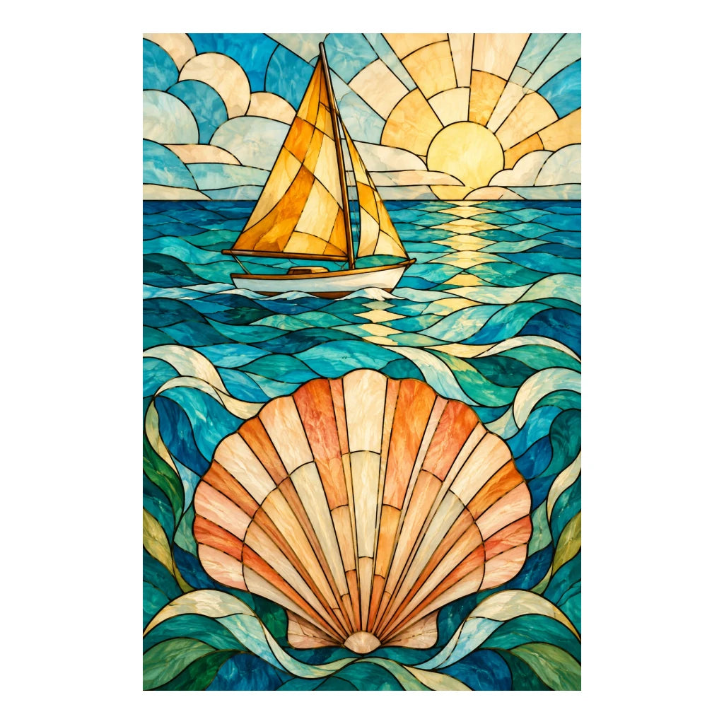Original white-background artwork of a stained glass sailboat, turquoise sea, golden sun, and scallop shell