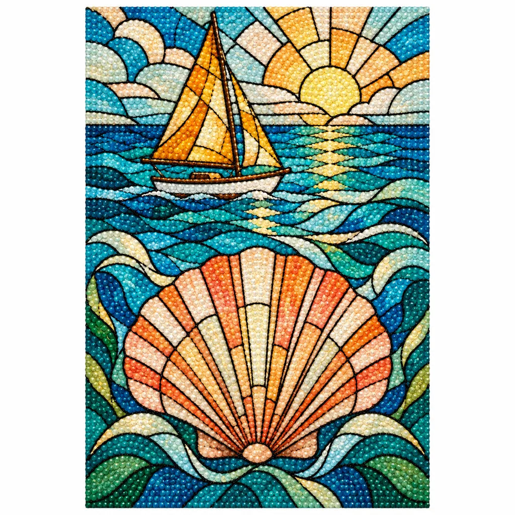 White-background finished diamond painting of a stained glass sailboat and scallop shell