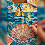 Hands placing drills on the sailboat and scallop shell stained glass design