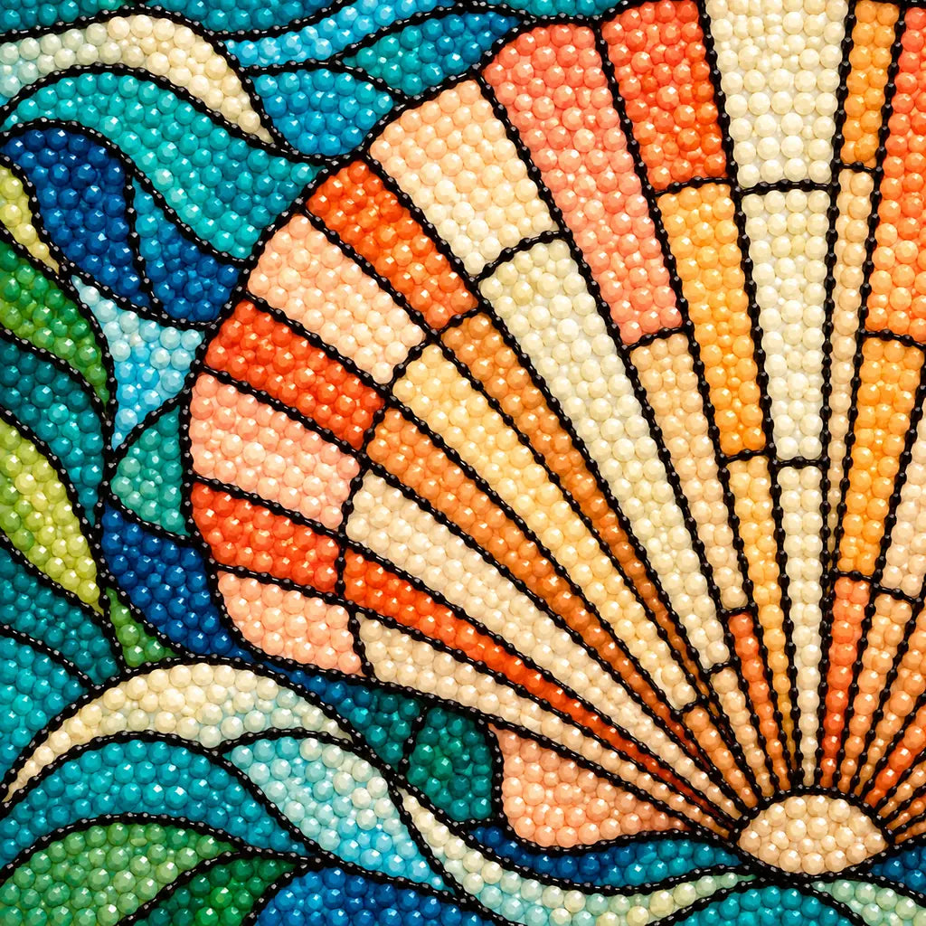 Close-up of diamond drills on the scallop shell and turquoise waves