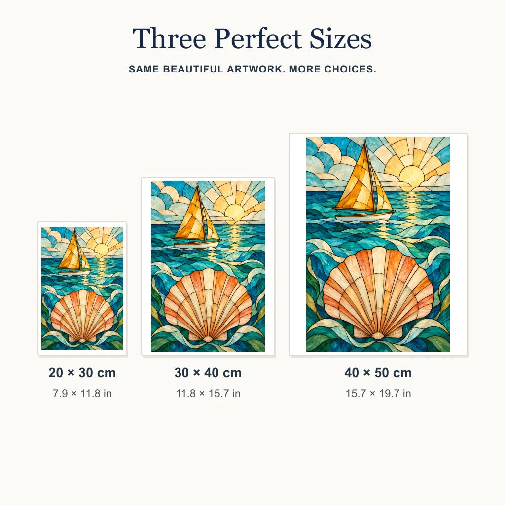 Sailboat and scallop shell diamond painting shown in 20 by 30, 30 by 40, and 40 by 50 cm sizes
