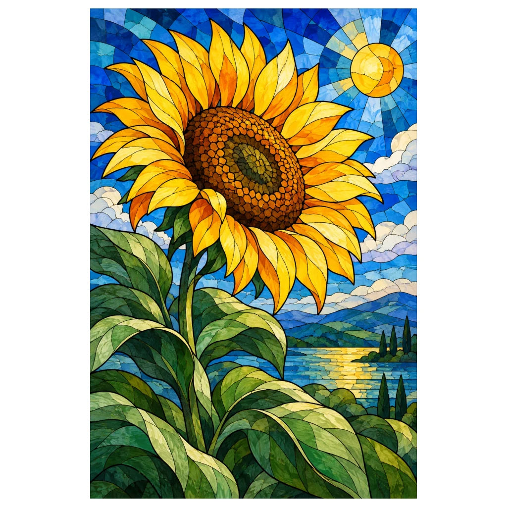Original white-background artwork of a sapphire stained glass sunflower above hills and a reflective lake