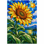 Finished white-background diamond painting of a golden stained glass sunflower and blue landscape