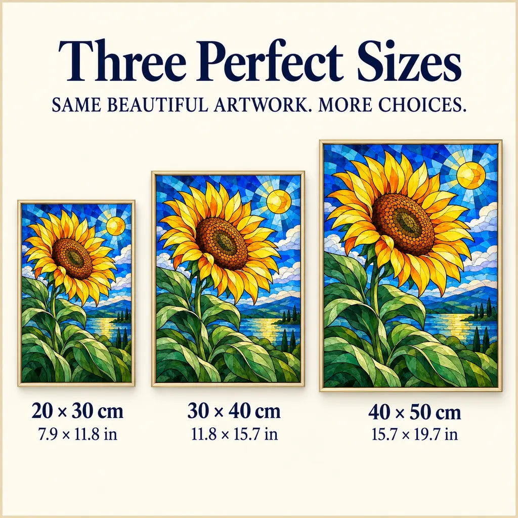 Stained glass sunflower diamond painting shown in 20 by 30, 30 by 40, and 40 by 50 centimeter sizes