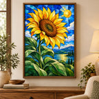 Sapphire stained glass sunflower diamond painting displayed in a home interior