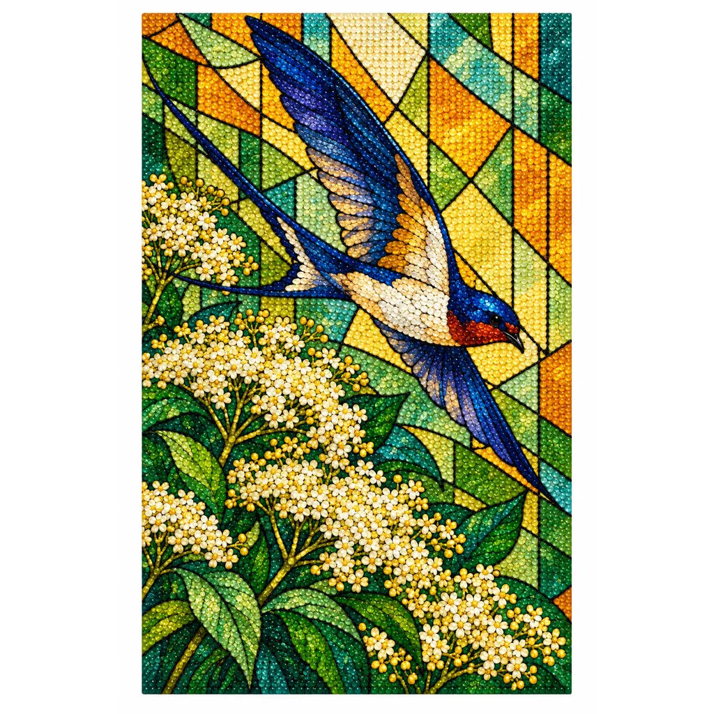 White-background finished diamond painting of a blue swallow among elderflower blossoms