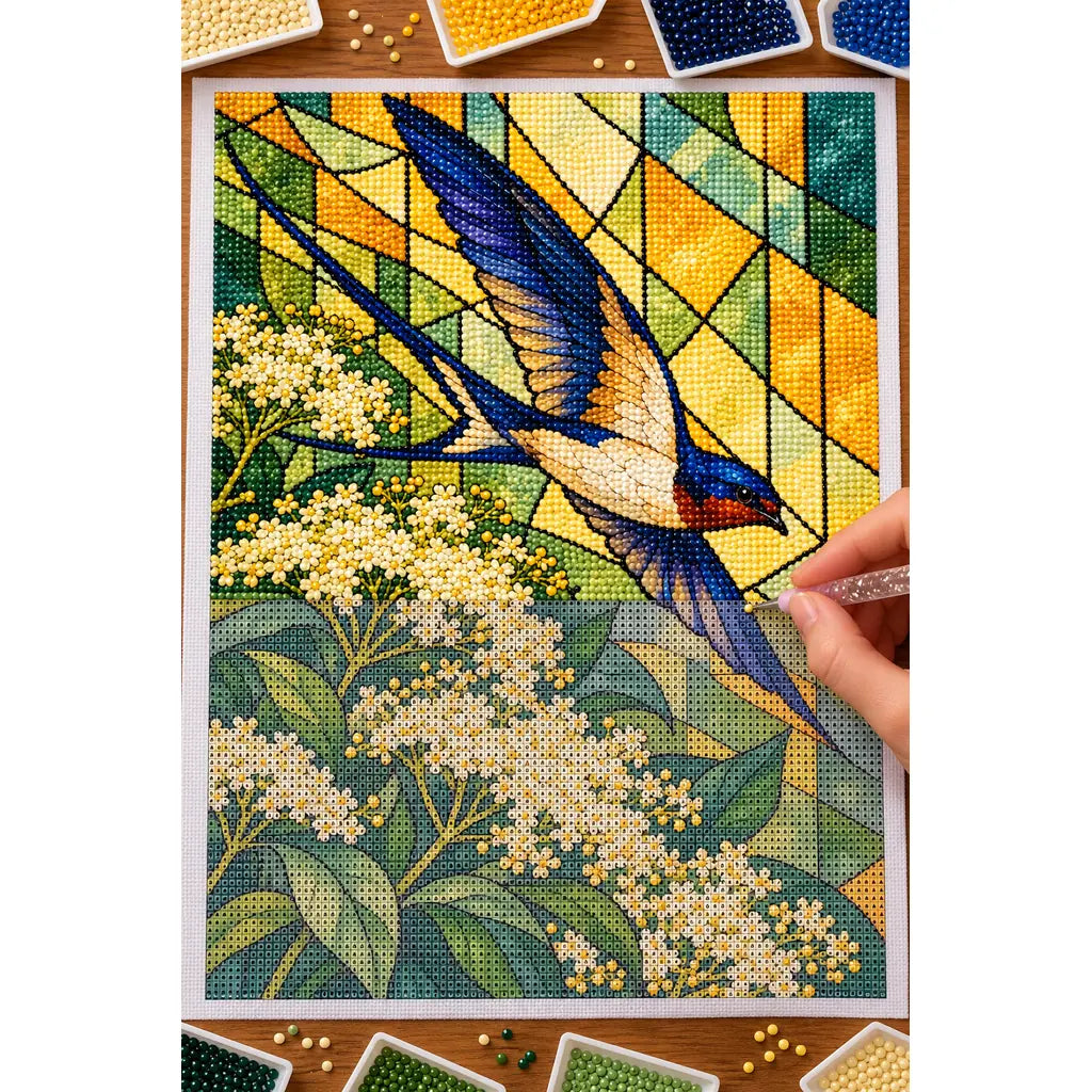 Hands placing drills on the stained glass swallow and elderflower diamond painting