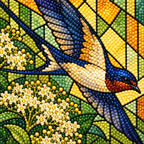 Close-up of diamond drills across the blue swallow and white elderflower blossoms