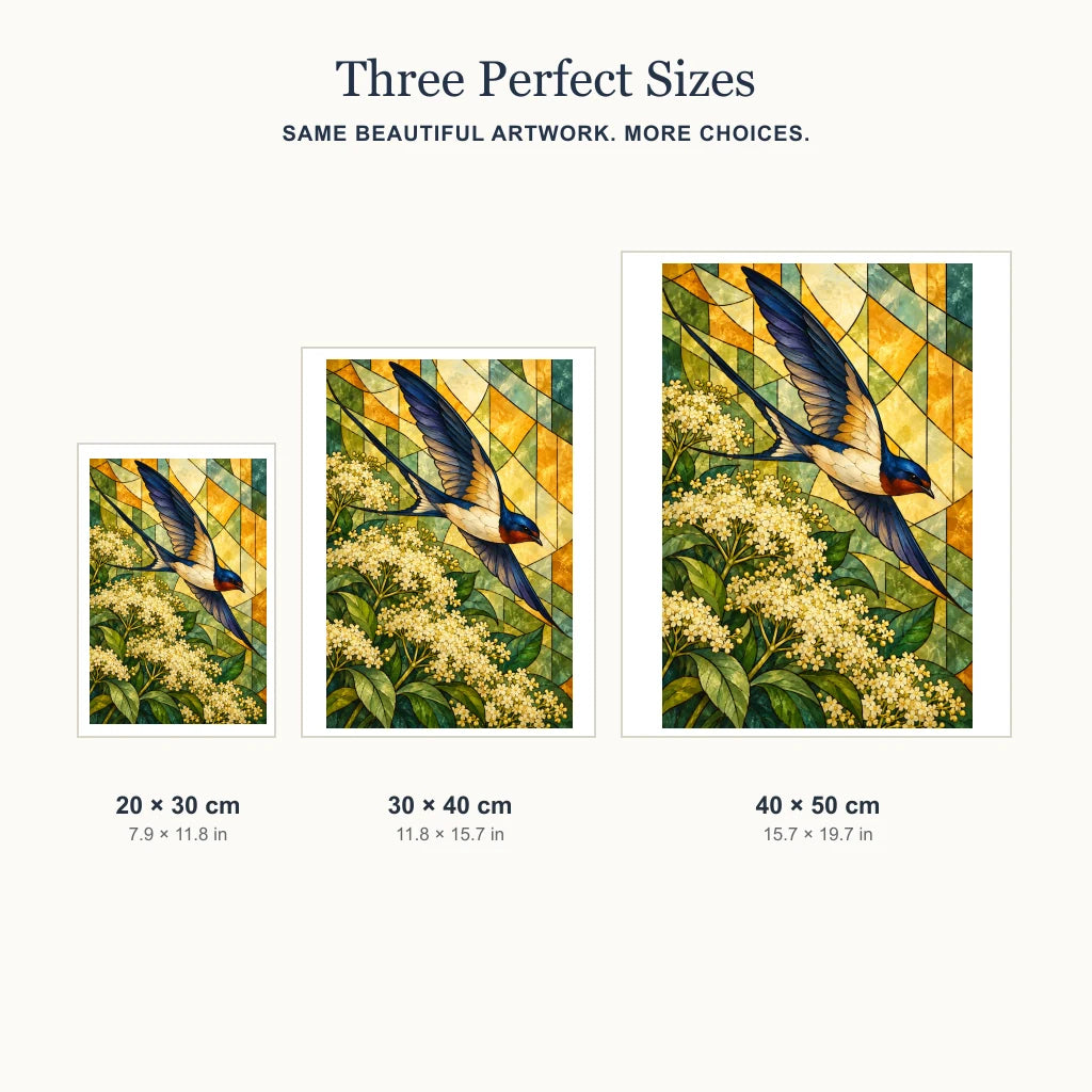 Stained glass swallow and elderflower diamond painting shown in 20 by 30, 30 by 40, and 40 by 50 cm sizes