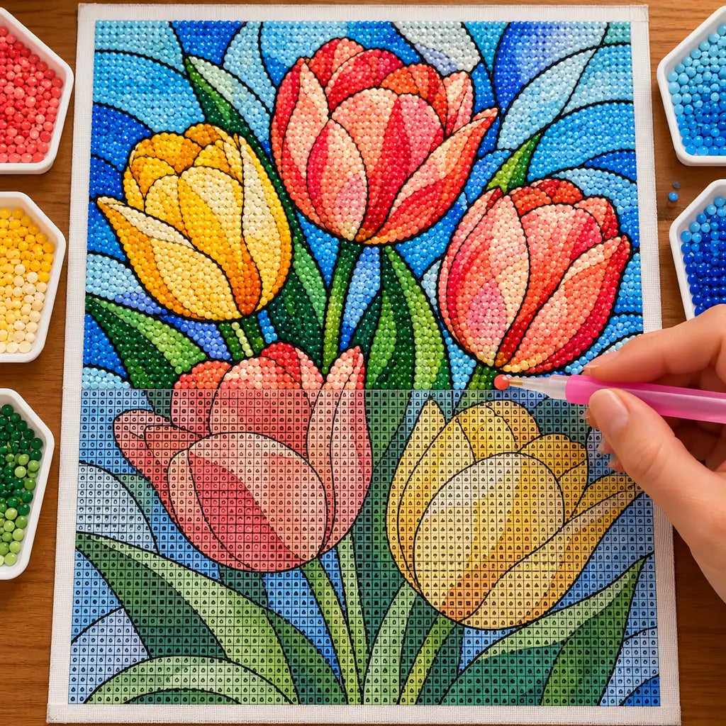 Hands placing drills on the stained glass rainbow tulips diamond painting