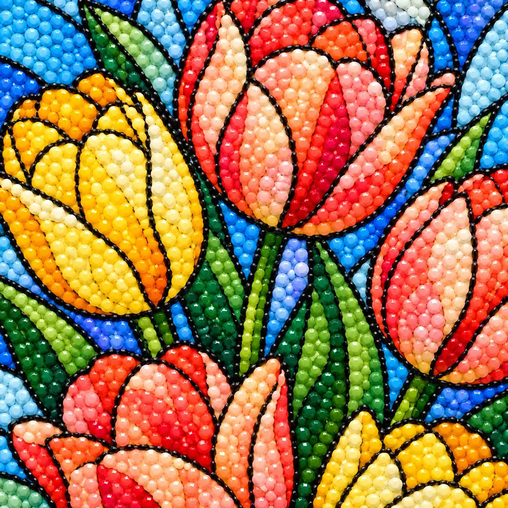 Close-up of diamond drills across pink, coral, and yellow tulip petals
