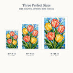 Stained glass rainbow tulips diamond painting shown in 20 by 30, 30 by 40, and 40 by 50 cm sizes