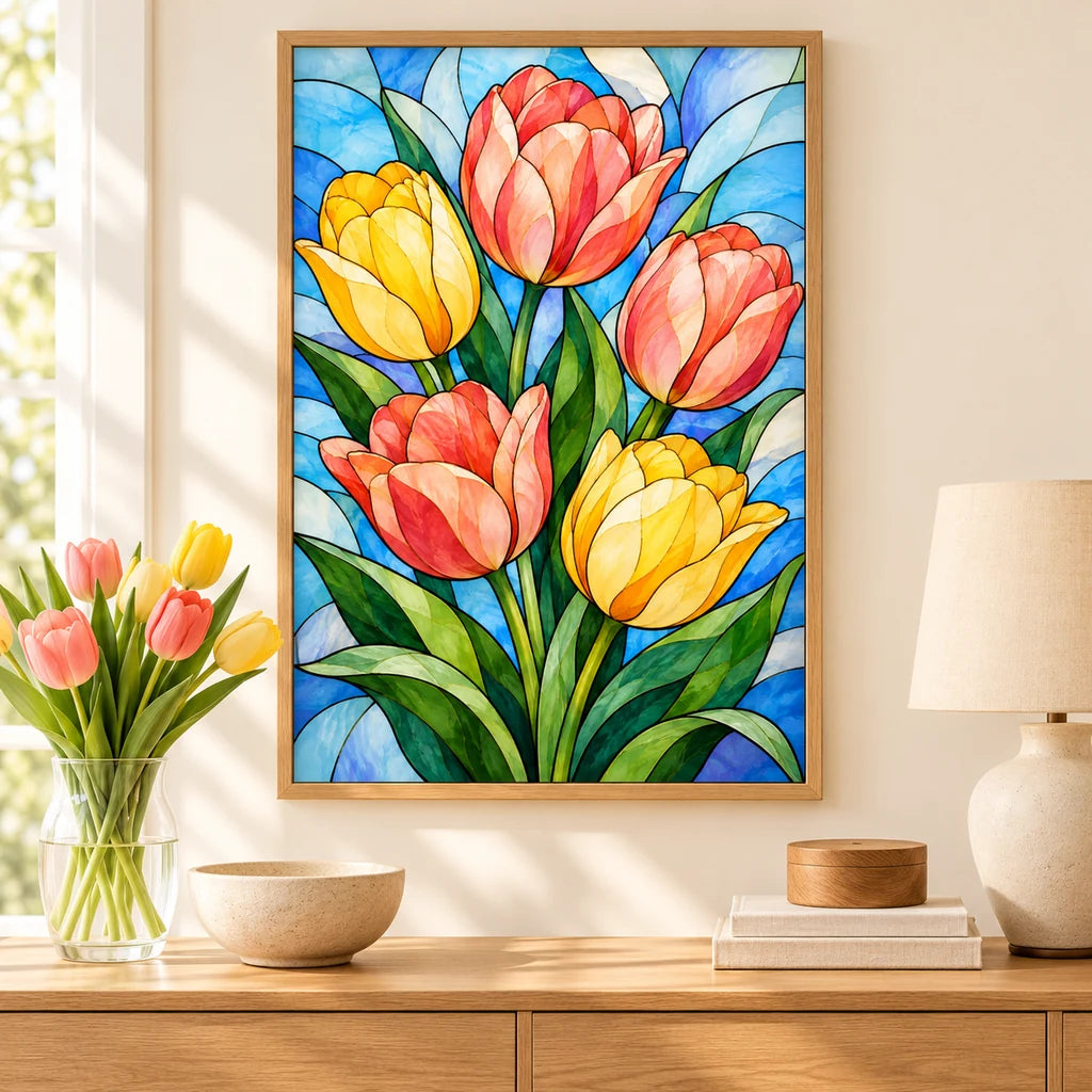 Stained glass rainbow tulips diamond painting displayed in a bright home