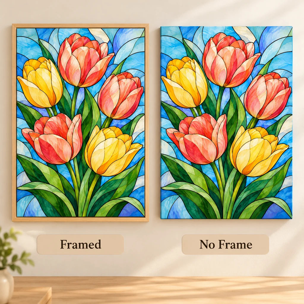 Framed and no-frame options for the stained glass rainbow tulips diamond painting