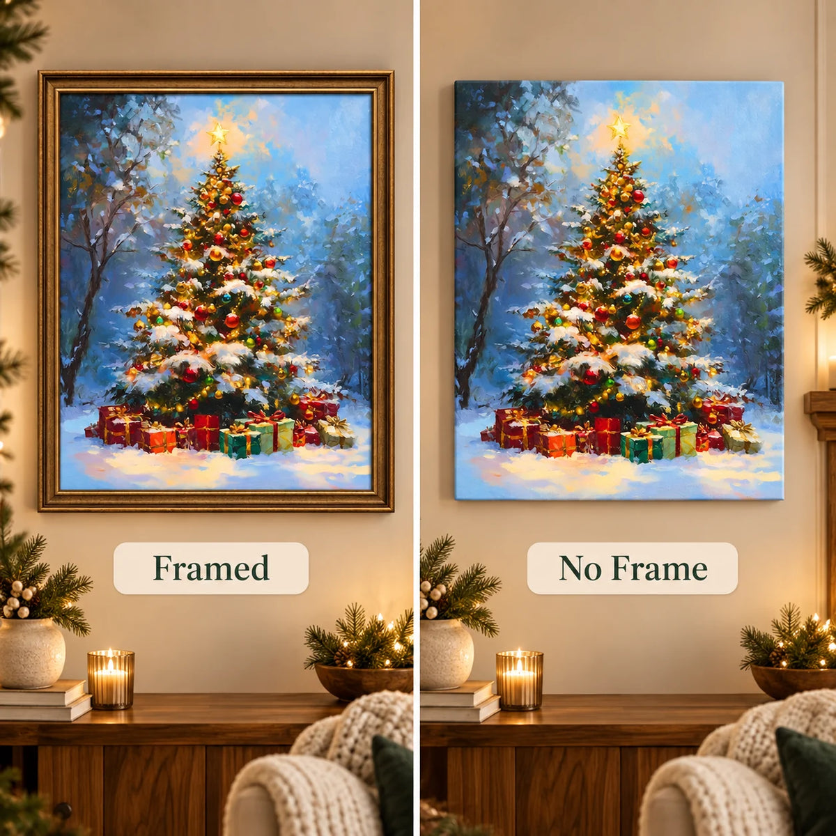 Framed and no-frame options for Star Above The Snowy Tree