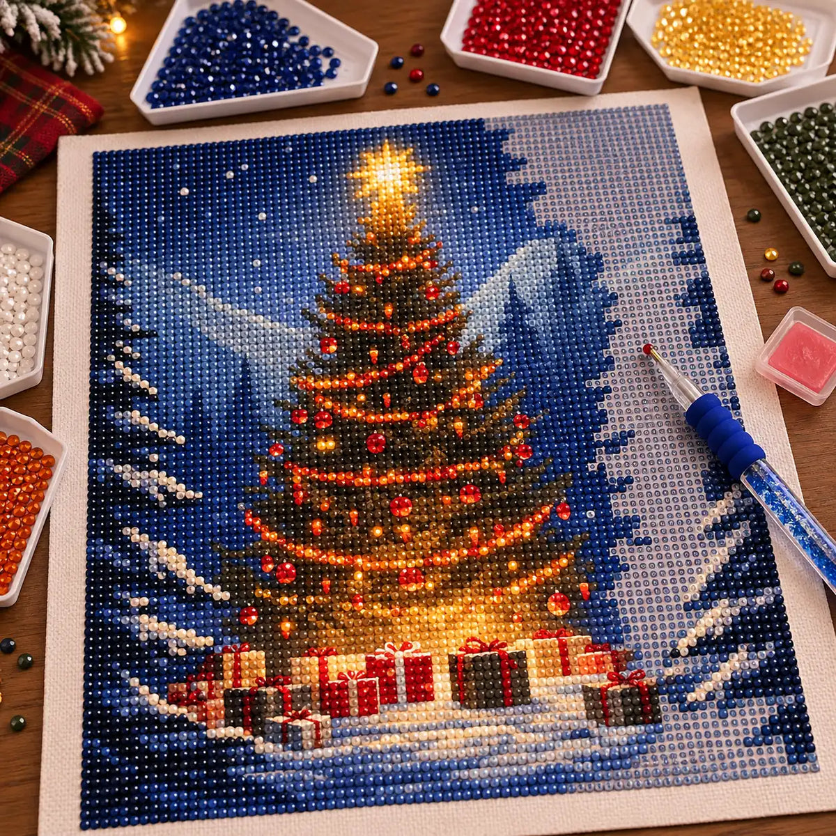 Diamond painting process for Star Over The Snowy Pines