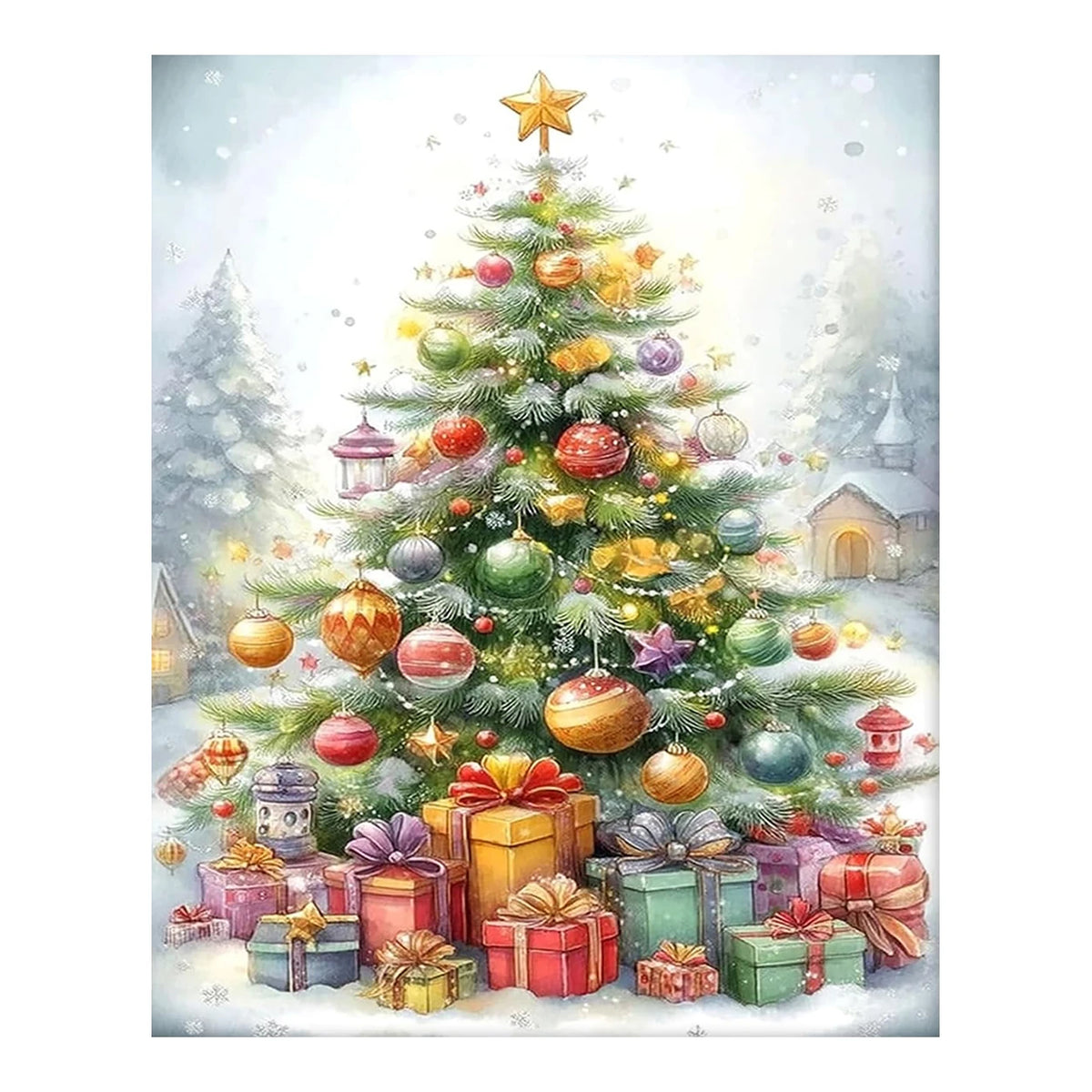 Original landscape artwork for Star Topped Christmas Village Diamond Painting Kit