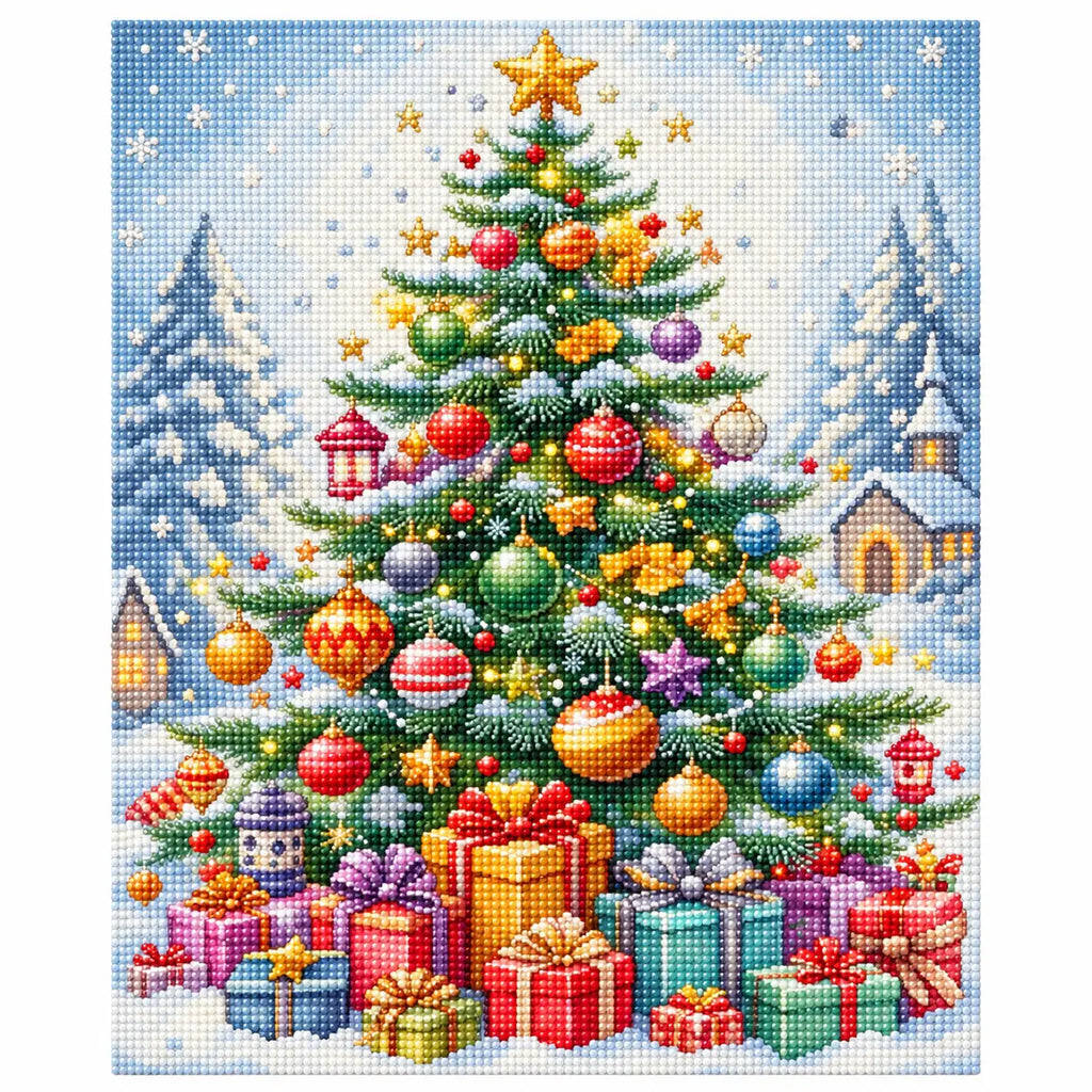 Finished diamond painting of Star Topped Christmas Village with sparkling drills