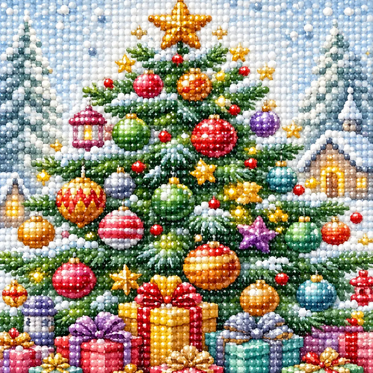 Close-up drill detail of the Star Topped Christmas Village diamond painting