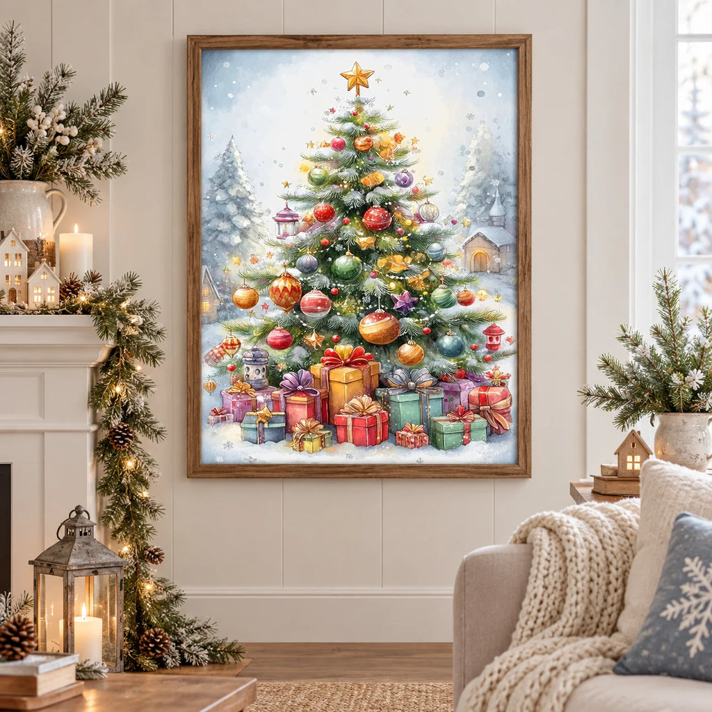 Star Topped Christmas Village diamond painting displayed as home decor