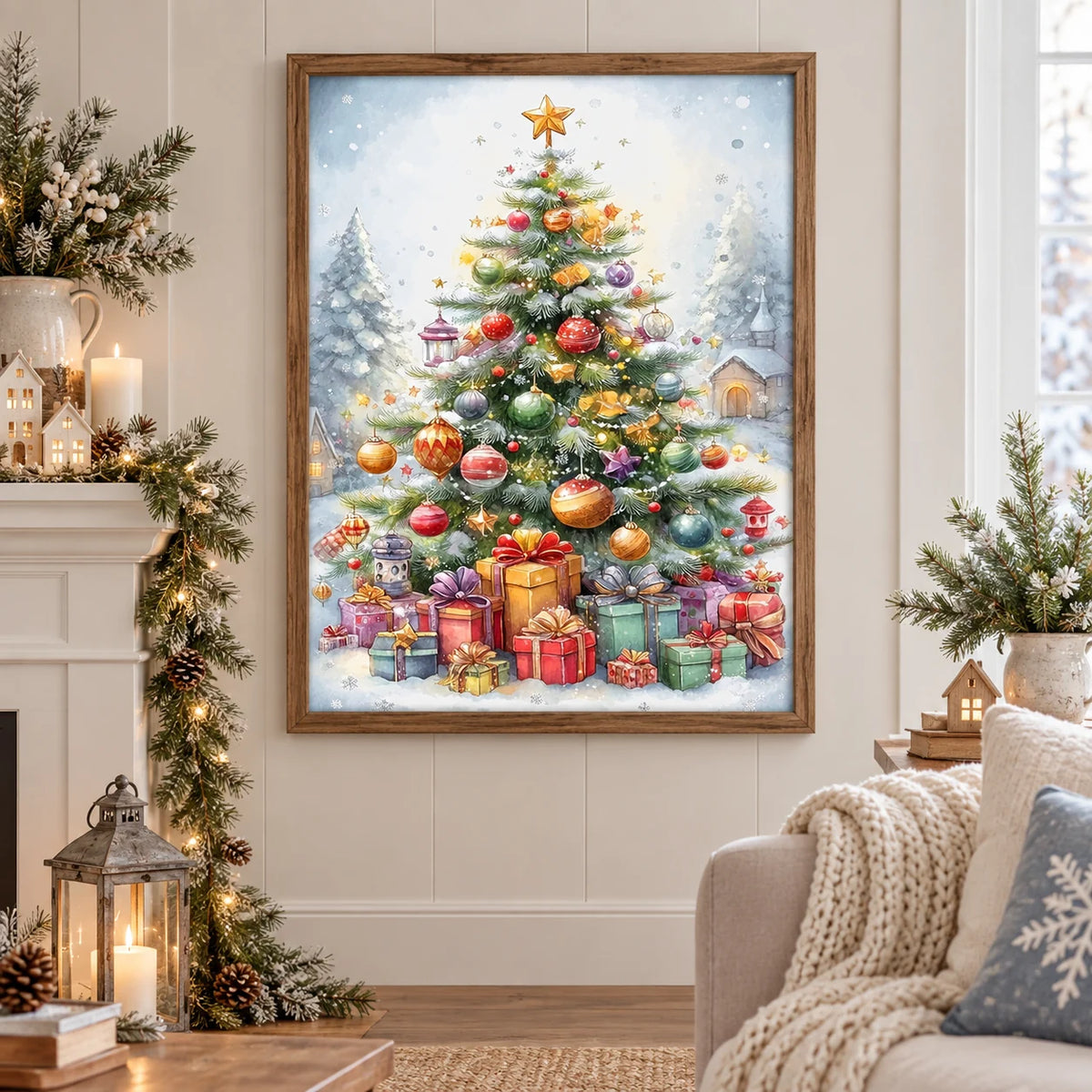 Star Topped Christmas Village diamond painting displayed as home decor
