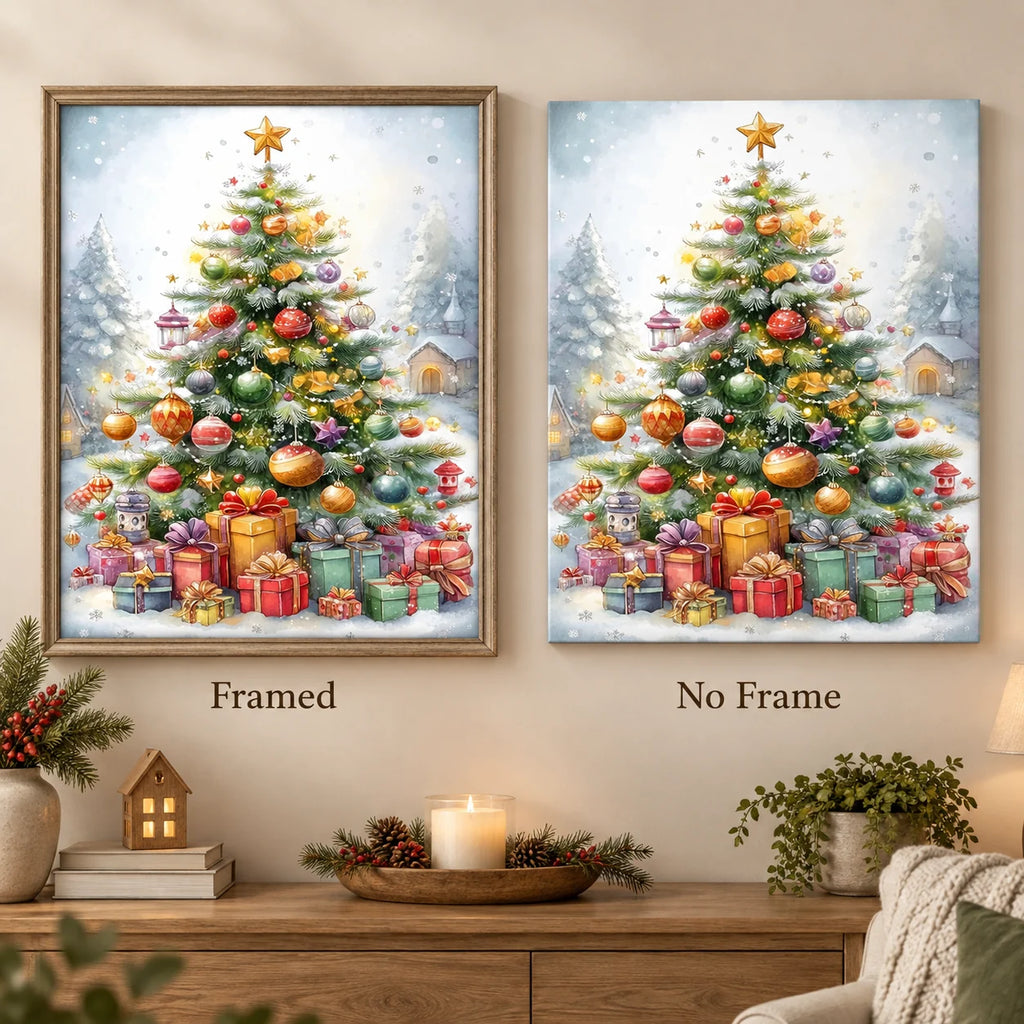 Star Topped Christmas Village diamond painting shown framed and unframed