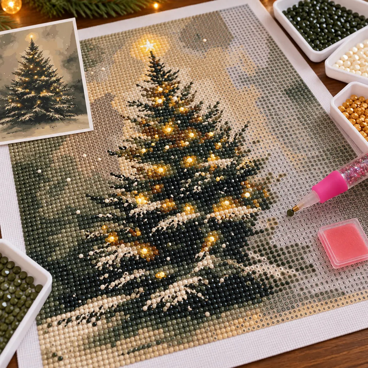 Diamond painting process for Star Topped Woodland Christmas