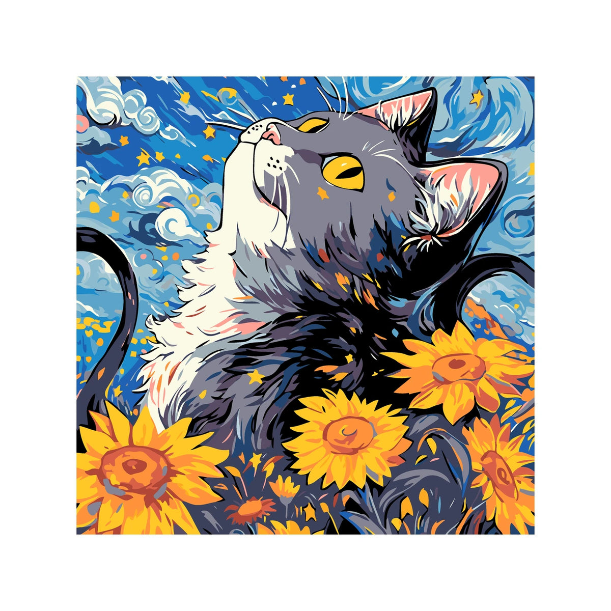 Original artwork for Stargazer Cat In Sunflower Field Diamond Painting Kit
