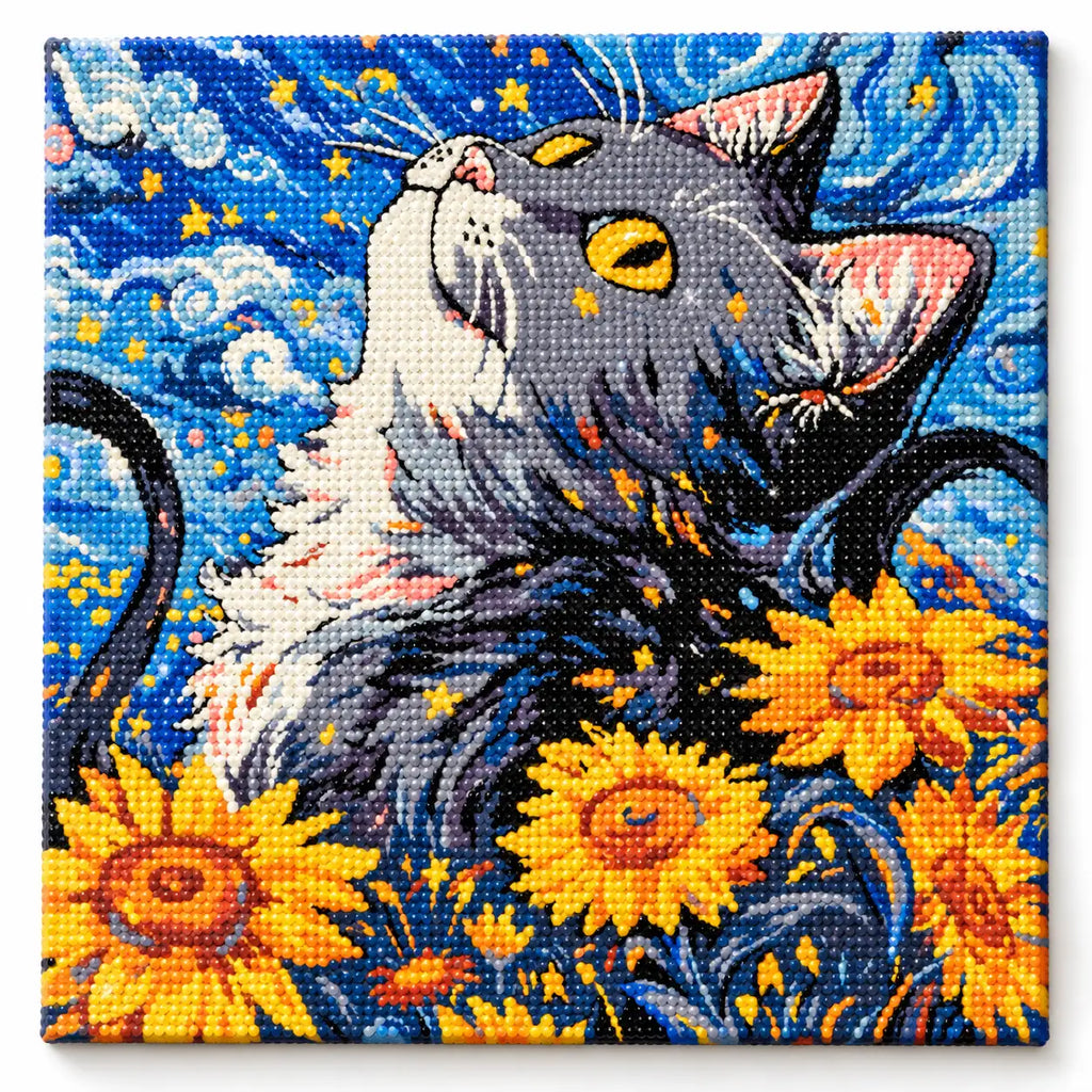 Finished diamond painting for Stargazer Cat In Sunflower Field Diamond Painting Kit