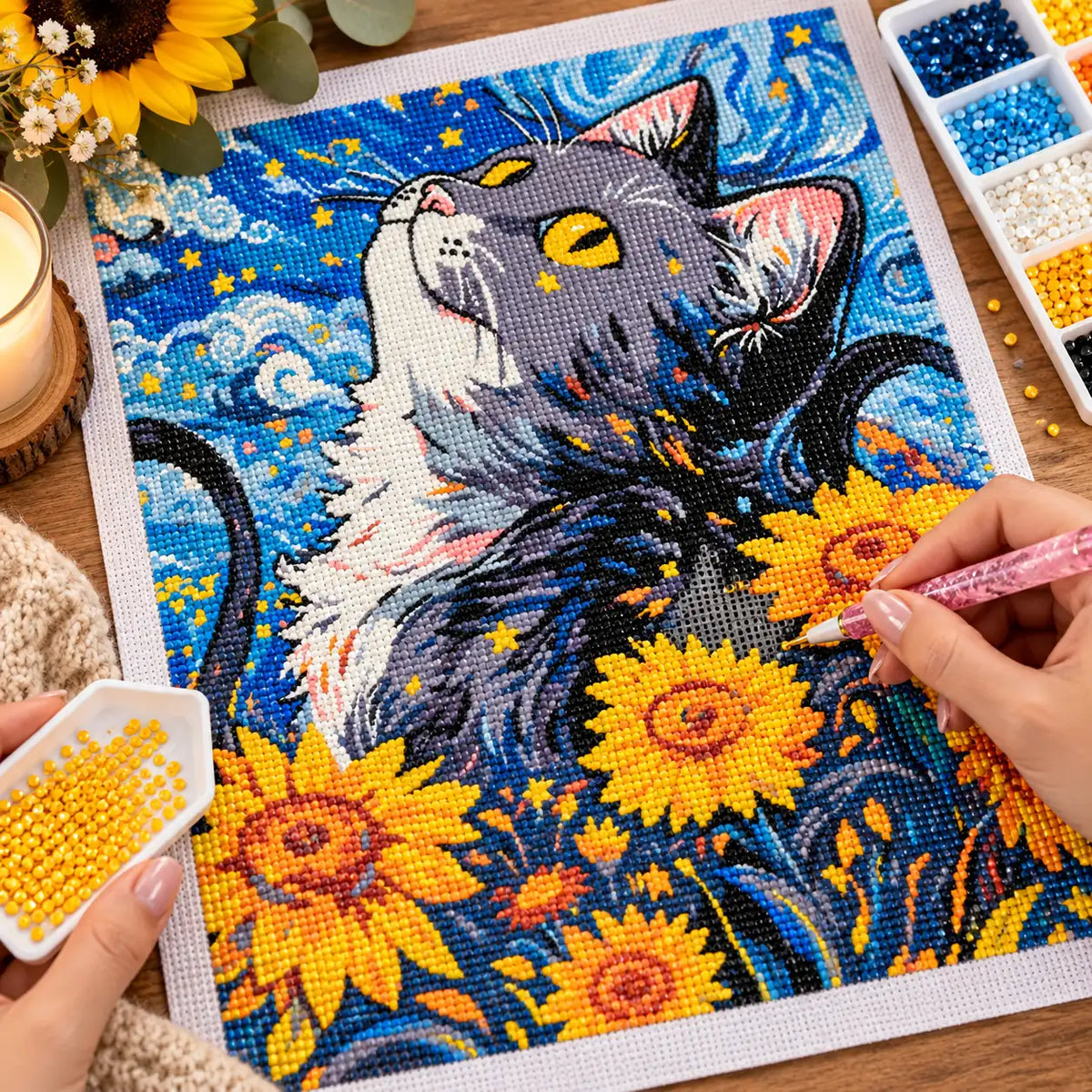 Diamond painting process for Stargazer Cat In Sunflower Field Diamond Painting Kit