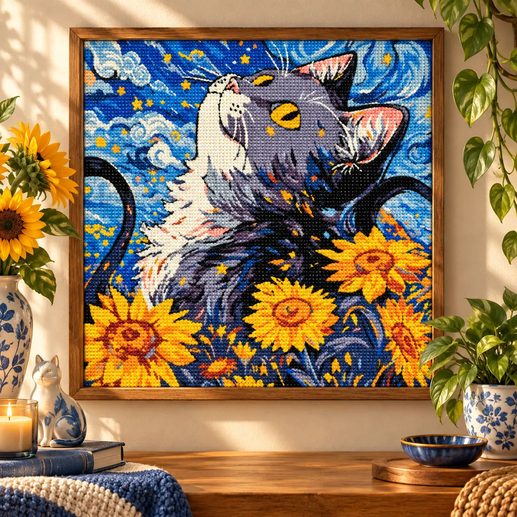 Home decor scene for Stargazer Cat In Sunflower Field Diamond Painting Kit