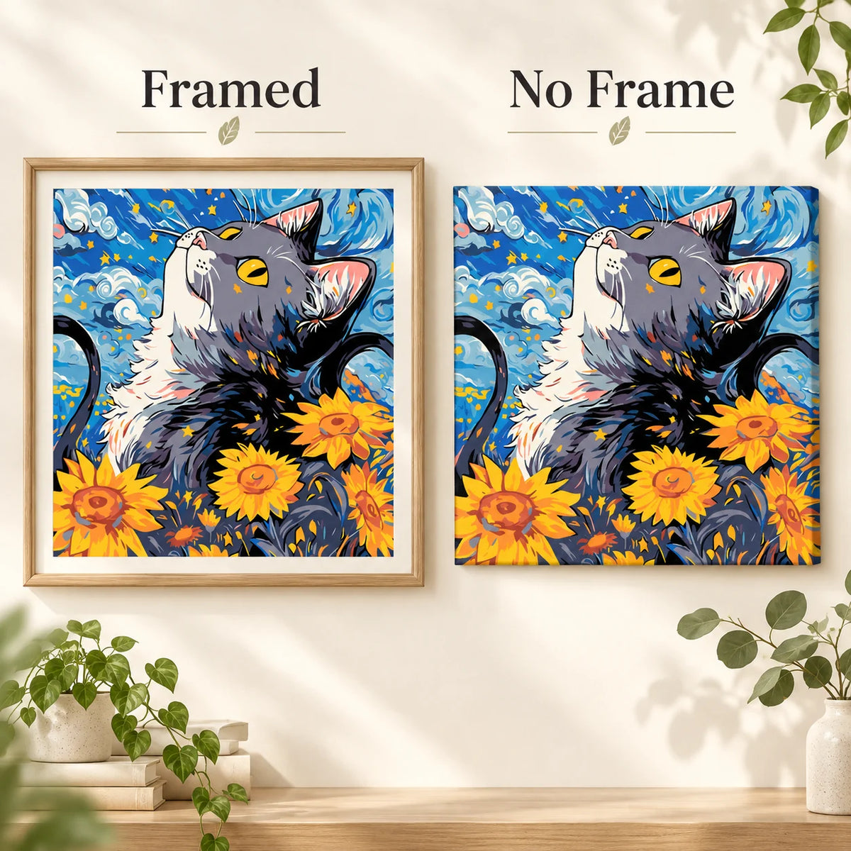Framed and no-frame comparison for Stargazer Cat In Sunflower Field Diamond Painting Kit