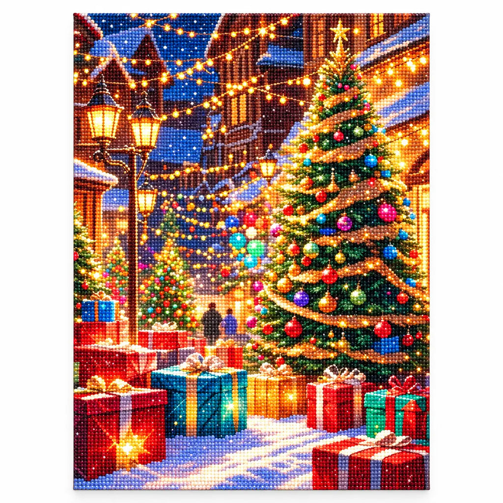 Finished diamond painting of starlit christmas village.
