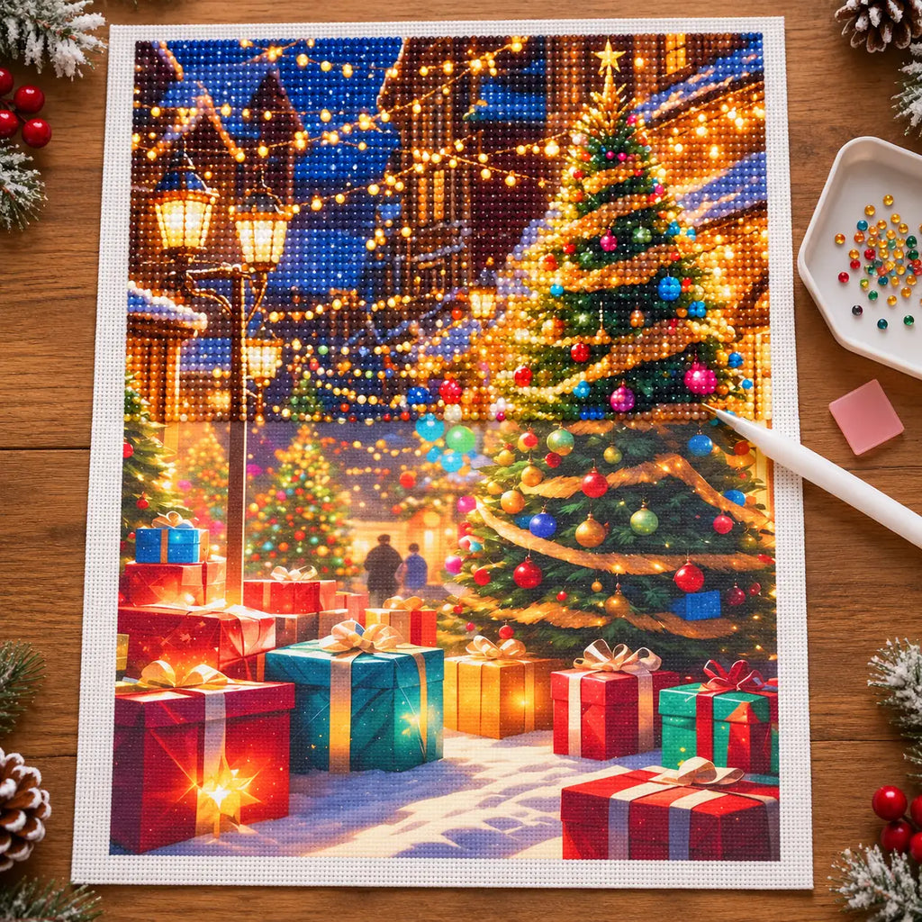 Diamond painting process for starlit christmas village.