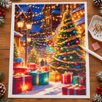 Diamond painting process for starlit christmas village.