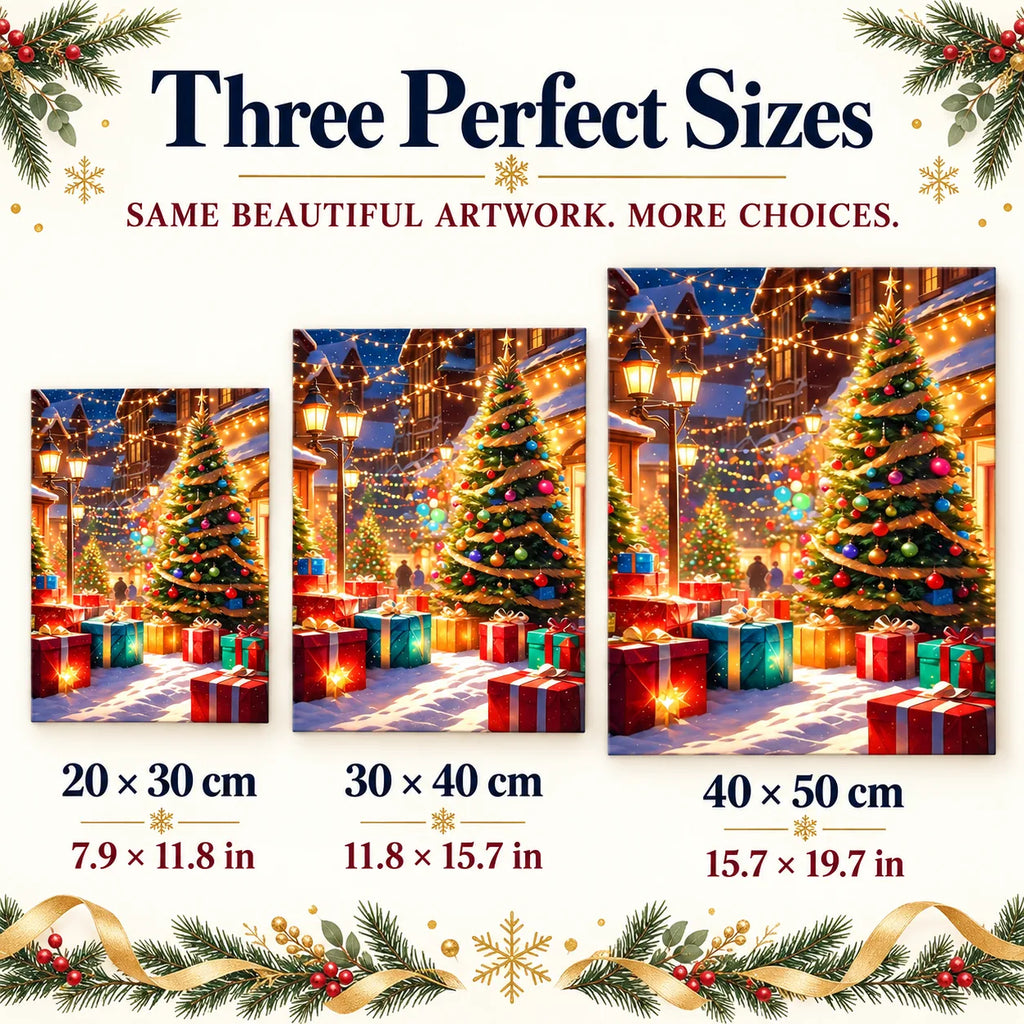 Size guide for Starlit Christmas Village Diamond Painting Kit: 20 × 30 cm, 30 × 40 cm, and 40 × 50 cm.