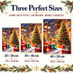 Size guide for Starlit Christmas Village Diamond Painting Kit: 20 × 30 cm, 30 × 40 cm, and 40 × 50 cm.