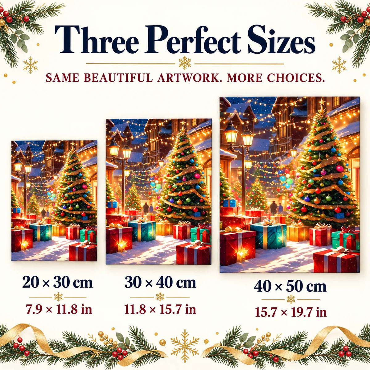 Size guide for Starlit Christmas Village Diamond Painting Kit: 20 × 30 cm, 30 × 40 cm, and 40 × 50 cm.