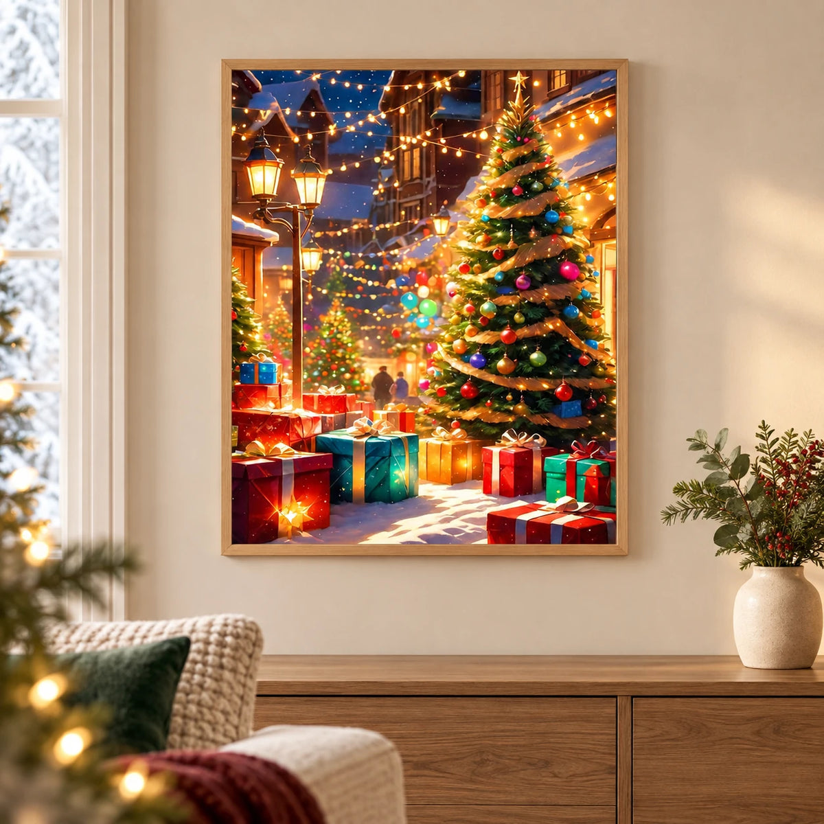 Home decor scene showing starlit christmas village displayed on a wall.