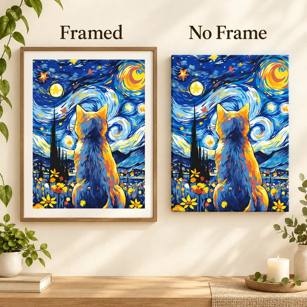 Framed and no-frame comparison for Starlit Gaze Diamond Painting Kit